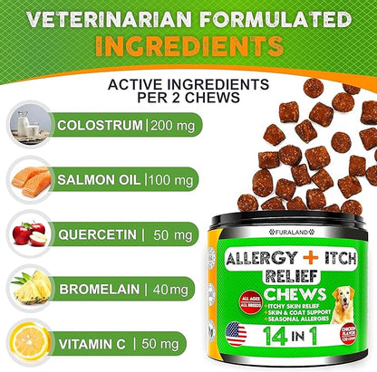 Dog Allergy Relief Chews - Dog Itch Relief - Omega 3 Fish Oil + Probiotics - Itchy Skin - Seasonal Allergies - Anti Itch Support & Hot Spots - Immune Supplement for Dogs
