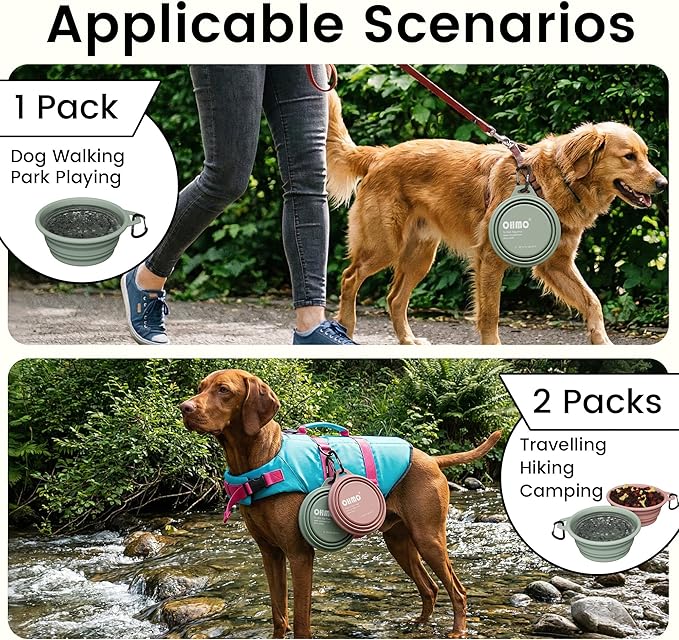 OHMO Collapsible Dog Water Bowls w/Built-in Stainless Steel Ring – 2pcs Large 27oz/800ml Portable Silicone Pet Feeding Bowl for Hiking, Camping, Travel