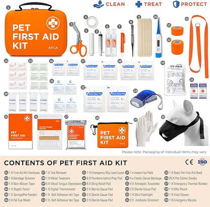 ARCA PET Cat & Dog First Aid Kit for Car - Pet Emergency Kit for Home Office Travel – Dog Camping Essentials with Digital Thermometer, Muzzle & Mini First Aid Pouch