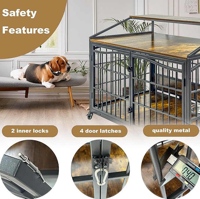 48 Inch Dog Crate Furniture, XXL Kennel Cage Rustic Wooden Pet House End Table Dog Home for Large Dogs with 2 Stainless Steel Bowls Indoor Use 48" L x 30" W x 40" H