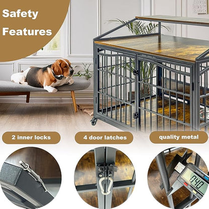 48 Inch Dog Crate Furniture, XXL Kennel Cage Rustic Wooden Pet House End Table Dog Home for Large Dogs with 2 Stainless Steel Bowls Indoor Use 48" L x 30" W x 40" H