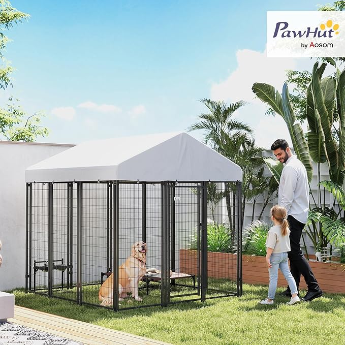 PawHut Outdoor Dog Kennel with Roof, 6' x 6' x 6' Heavy Duty Welded Wire Dog Playpen Enclosure with Escape-Proof Lock, UV-Resistant & Waterproof Cover, for Large Dogs, Chickens, Ducks, Silver