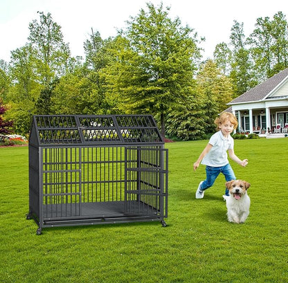 Heavy Duty Dog Crate, 52 Inches Large Metal Dog Kennel with Roof Top, 2 Door Pet Cage with Removable Tray and Wheels for High Anxiety Large Giant Breeds