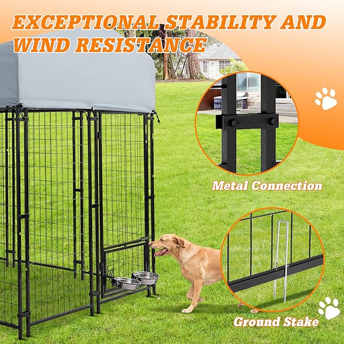 Outdoor Heavy Duty Large Dog Kennel Playpen - 8x4x6 Ft Welded Wire Steel Dog Run Enclosure Crate Cage with UV-Resistant Roof and Secure Lock for Chicken, Rabbit, Fox in Yard Patio Lawn