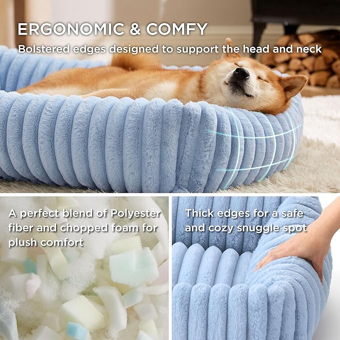 Bedsure ComfyFleece™ Washable Dog Bed for Medium Dogs - Cute Furry Puppy Beds, Rectangle Orthopedic Corduroy Fleece Pet Beds with Removable Zipper Cover, 25x21x7inches, Blue