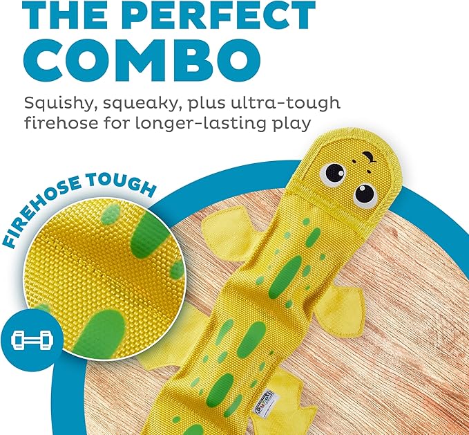 Outward Hound Fire Biterz Yellow Lizard Plush Firehose Material Interactive Dog Toy, Large