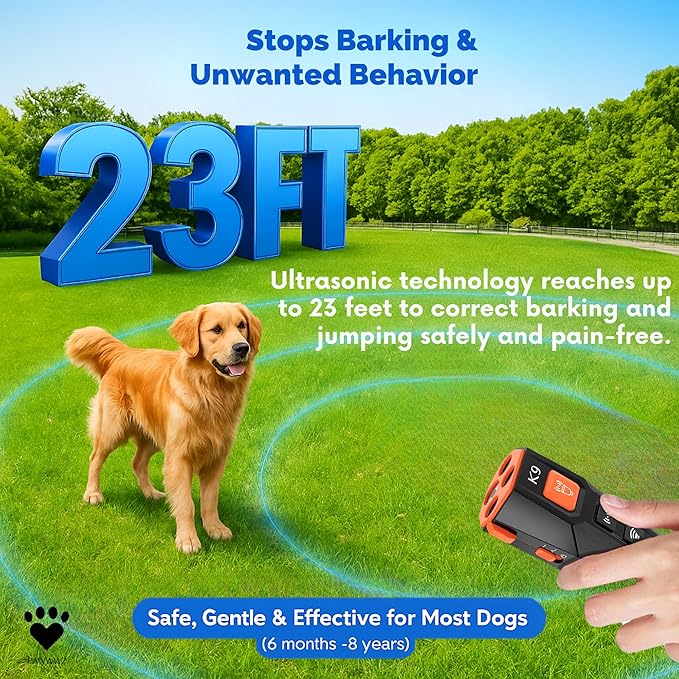 K9 Dog bark Deterrent – Humane Way - No-Shock Dog Barking Deterrent & Trainer - 2 in 1 Trainer and Powerful LED Flashlight - Rechargeable - IPX4 Water Resistance, Indoor, Outdoor Use