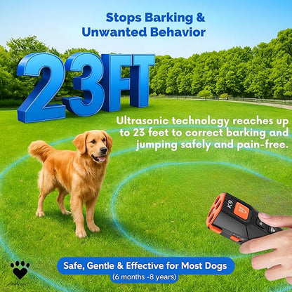 K9 Dog bark Deterrent – Humane Way - No-Shock Dog Barking Deterrent & Trainer - 2 in 1 Trainer and Powerful LED Flashlight - Rechargeable - IPX4 Water Resistance, Indoor, Outdoor Use
