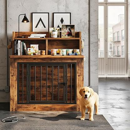 IRONCK Dog Crate Furniture, 33.4 inches Wooden Small Dog Crate with Storage and 4 Hooks, Heavy Duty Pet Crate for Small Dog, Decorative Pet Cage for Indoor (19.3" L x 33.4" W x 37.4" H)