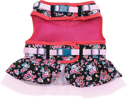 Blueberry Pet New Soft & Comfy Made Well Elegant Floral No Pull Mesh Puppy Dog Costume Harness Dress in Sleek Black, Chest Girth 14"-16", X-Small, Adjustable Harnesses for Dogs