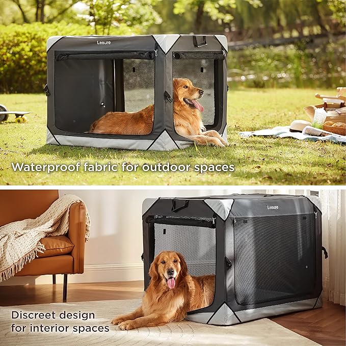 Lesure Collapsible Dog Crate - Portable Travel Kennel for Large Dog, 4-Door Pet Crate with Mesh Windows, Indoor & Outdoor, Charcoal Gray