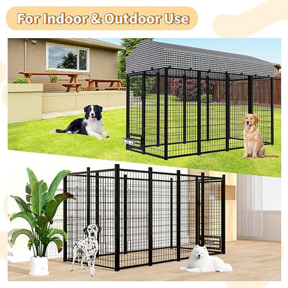 Large Dog Kennel Outside with Roof, Heavy-Duty Indoor Outdoor Dog Run Dog Enclosure with Removable Cover, Dog Pens Outside Playpen with Latch-Lock & Swivel Feeding Door, 4x8x6 Ft