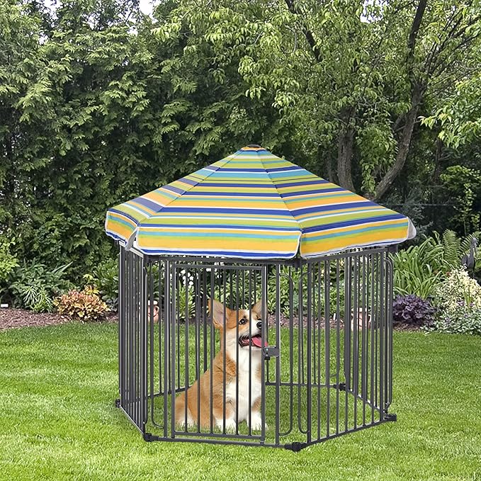 PawHut 48" x 41" Heavy-Duty Metal Dog Playpen, Outdoor Pet Cage Kennel, Puppy Exercise Fence Barrier with Weather-Resistant Polyester Roof, Locking Door, & Metal Frame