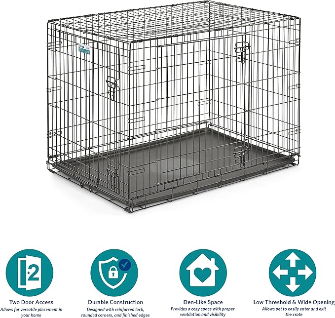 MidWest Homes for Pets 42-Inch iCrate for Large Breeds, 71-90 lbs, Double Door Folding Dog Crate with Divider Panel, Leak-Proof Tray & Secure Latches, Portable, Durable & Easy to Assemble