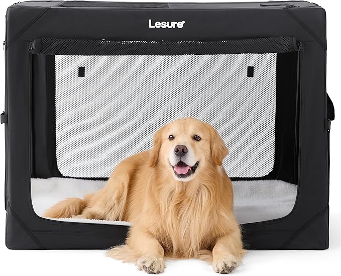 Lesure Collapsible Dog Crate - Portable Travel Kennel for Extra Large Dog, 4-Door Pet Crate with Mesh Windows, Indoor & Outdoor, Black