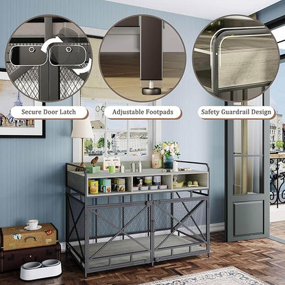 Fulhope Dog Crate Furniture, 48" Heavy Duty Wooden Dog Crate End Table, XL Dog Kennel Furniture Large Breed, Decorative Dog Kennel Indoor with 3 Drawers & Steel Tubes 48" L x28 W x36 H (Grey)