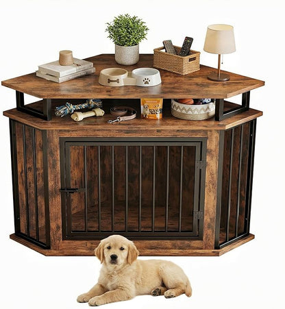 IRONCK 44" Corner Dog Crate with 2-Tier Shelves, Wooden Dog Kennel Furniture, Dog Kennel Indoor Furniture for Small and Medium Dogs, Rustic Brown (23.6" L x 43.3" W x 32.3" H)