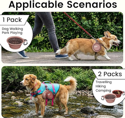 OHMO Collapsible Dog Water Bowls w/Built-in Stainless Steel Ring – 2pcs Small 12oz/400ml Portable Silicone Pet Feeding Bowl for Hiking, Camping, Travel