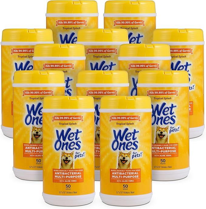 Wet Ones for Pets Antibacterial Dog Wipes, Multi-Purpose Grooming Wipes with Aloe Vera for Paws, Face & Body, Easy Cleanups Between Baths, Tropical Splash Scent, 5.7 in x 7.5 in, 50 Count - 12 Pack