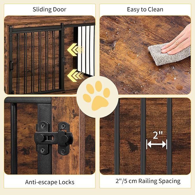 Hzuaneri 39.3" Dog Crate Furniture with Barn Door, Heavy Duty Dog Kennel Indoor with 2 Doors, Wooden Pet Cage End Table for Large Small Medium Dogs, Anti-Chew Anti-Escape, Rustic Brown DFC02301B
