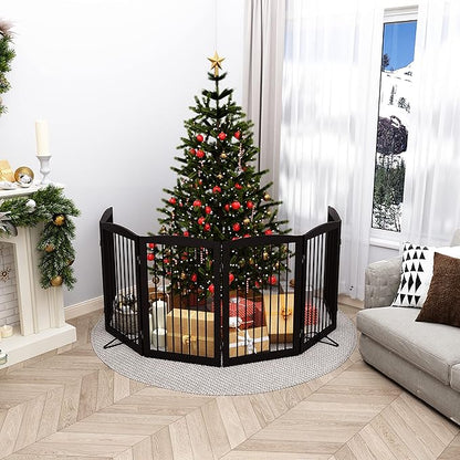 PUPETPO Freestanding Pet Gate for Dogs, Indoor Wooden Foldable Dog Gate for House, Extra Wide, Pet Fence for Stairs, Doorways, Halls, Support Feet Included, 120 Inch Wide, 6 Panels 32",Brown