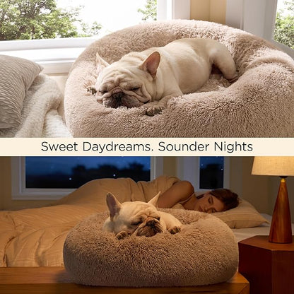 Bedsure Calming Cat Beds for Indoor Cats - Small Cat Bed Washable 20 inches, Anti-Slip Round Fluffy Plush Faux Fur Pet Bed, Fits up to 15 lbs Pets, Camel