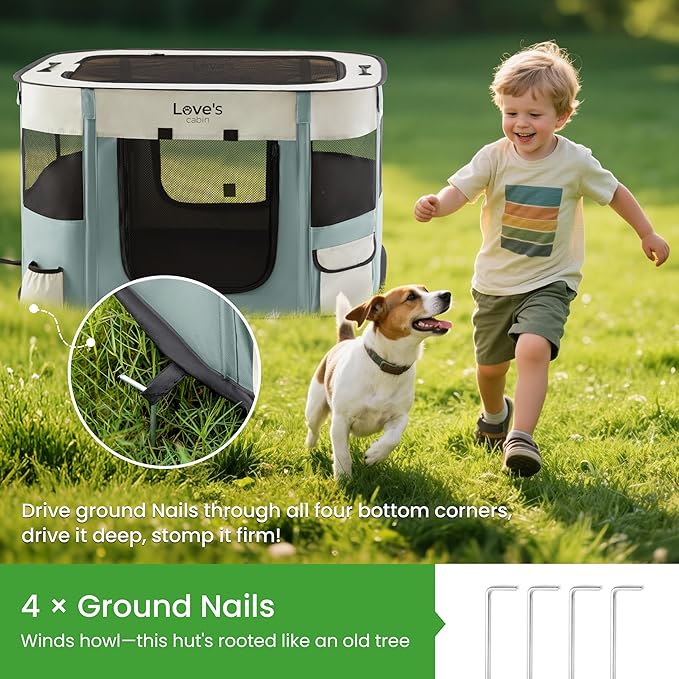Love's cabin Pet Puppy Dog Playpen, Large Dog Tent Crates Cage Indoor/Outdoor, Portable Exercise Playpen for Cat, Foldable Pop Up Dog Kennel Playpen with Carring Case (L, Gray Green)