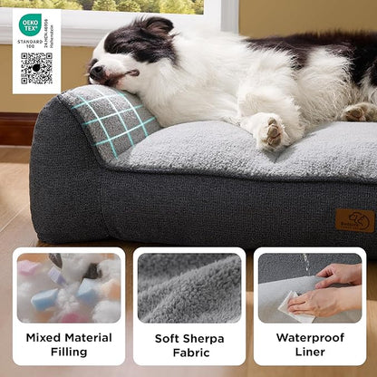 Bedsure SupportMax™ XL Plus Orthopedic Dog Beds Large Sized Dog - As Seen on TV Extra Thick Supportive Dogs Couch with Waterproof Washable Cover, Jumbo Pet Sofa with Soft Sherpa, Grey, 48"