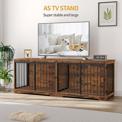 Hzuaneri 78" Dog Crate Furniture for 2 Dogs, Double Dog Cage with Divider, Wooden Heavy Duty Dogs Kennel, Pet Cage with Barn Door, TV Stand for Large Small Medium Dogs, Rustic Brown DFC83701BV1