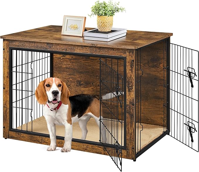 Yaheetech 38'' Dog Crate Furniture with Cushion Wooden Dog Crate with Double Doors/Adjustable Feet Side End Table for Medium/Large Dogs, 37.80" L x 25.59" W x 26.57" H