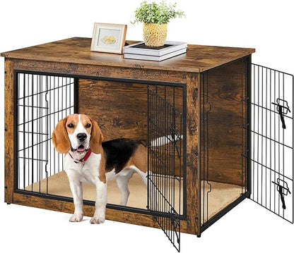 Yaheetech 38'' Dog Crate Furniture with Cushion Wooden Dog Crate with Double Doors/Adjustable Feet Side End Table for Medium/Large Dogs, 37.80" L x 25.59" W x 26.57" H