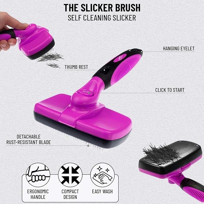 Complete Professional Pet Grooming Kit With Hair Removal Tool, Gloves, Self Cleaning Slicker Brush, and Pro Dog Deshedder Comb to Reduce Shedding (Pink)