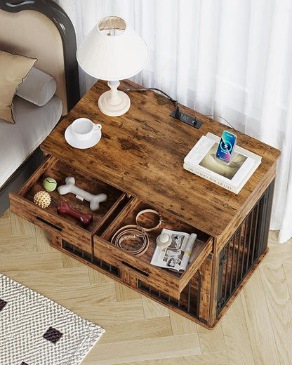 Hzuaneri 39.4'' Dog Crate Furniture with 2 Drawers, Indoor Dog Kennel with Charging Station, Wooden Dog Cage Side End Table Kennel for Medium/Large Dogs, Rustic Brown DFC84201B