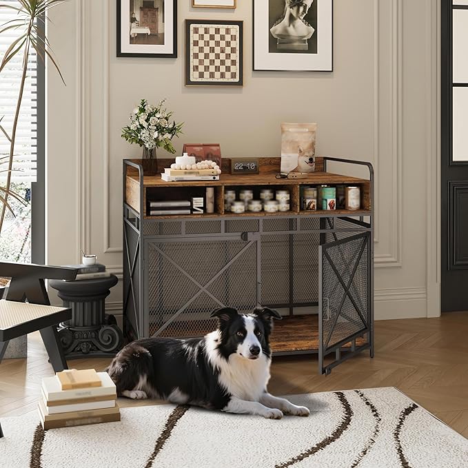 Fulhope Dog Crate Furniture, 48" Heavy Duty Wooden Dog Crate End Table, XL Dog Kennel Furniture Large Breed, Decorative Dog Kennel Indoor with 3 Drawers & Steel Tubes 48" L x28 W x38 H (Rustic Brown)