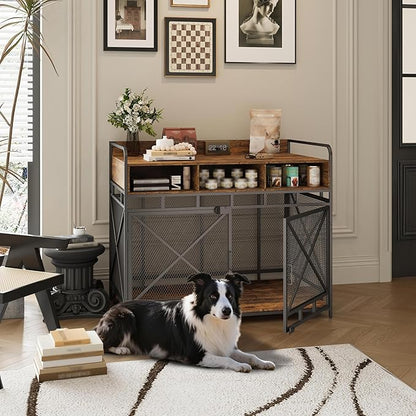 Fulhope Dog Crate Furniture, 48" Heavy Duty Wooden Dog Crate End Table, XL Dog Kennel Furniture Large Breed, Decorative Dog Kennel Indoor with 3 Drawers & Steel Tubes 48" L x28 W x38 H (Rustic Brown)