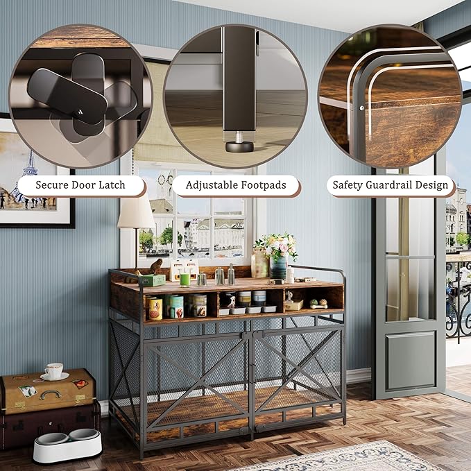 Fulhope Dog Crate Furniture, 48" Heavy Duty Wooden Dog Crate End Table, XL Dog Kennel Furniture Large Breed, Decorative Dog Kenne Indoor with 3 Drawers & Steel Tubes 48" L x28 W x36 H (Rustic Brown)