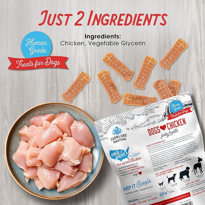 Farmland Traditions Dogs Love Chicken Jerky Dog Treats, Premium Two-Ingredient Dog Jerky with USA-Raised, Human-Grade Chicken & No Antibiotics Ever, 1 Pound (Pack of 2) Bag.