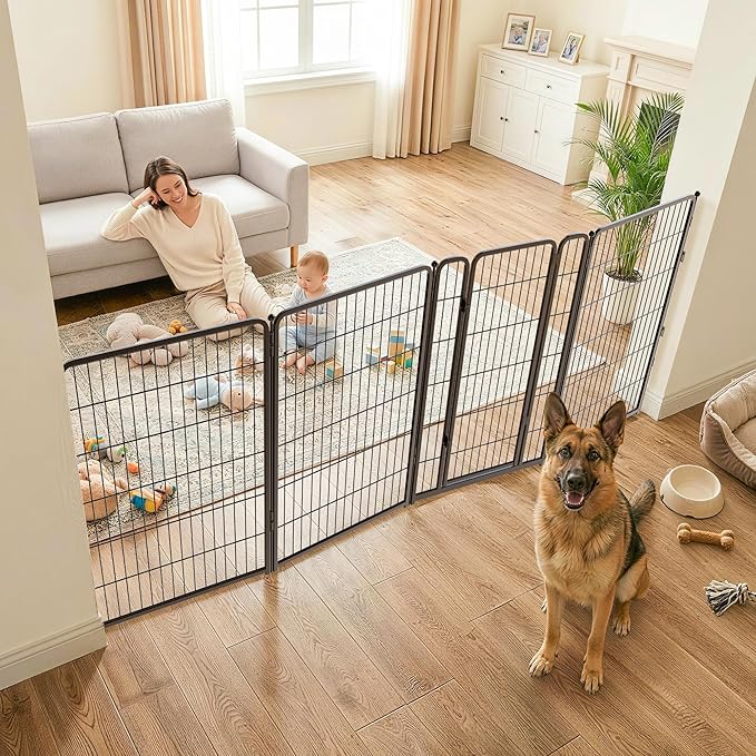 FXW Dog Gate Extra Wide Designed for Indoor Use, Adjustable Width Up to 111-inch Wide (45" H 4 Wire Panels for Large Dogs), Black