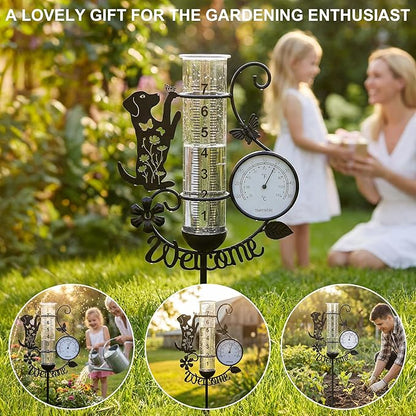 Rain Gauge Outdoor with Thermometer, 7" Capacity Detachable Rain Gauges Outdoors Best Rated with Stake, Cute Dog with Flowers & Butterflies Design Decorative for Garden Yard, Easy-Read Durable