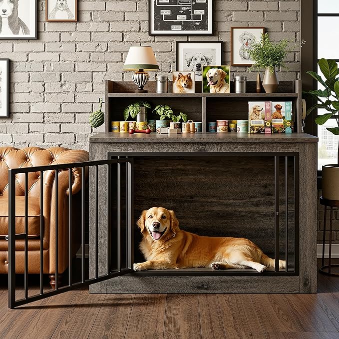 IRONCK Extra Large Dog Crate Furniture, 43.3 inches Wooden Dog Crate with Storage and 4 Hooks, Heavy Duty Pet Crate for Large Dog, Decorative Pet Cage for Indoor (30" L x 43.3" W x 41.1" H)