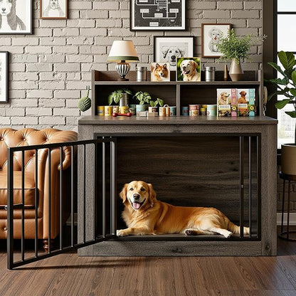 IRONCK Extra Large Dog Crate Furniture, 43.3 inches Wooden Dog Crate with Storage and 4 Hooks, Heavy Duty Pet Crate for Large Dog, Decorative Pet Cage for Indoor (30" L x 43.3" W x 41.1" H)