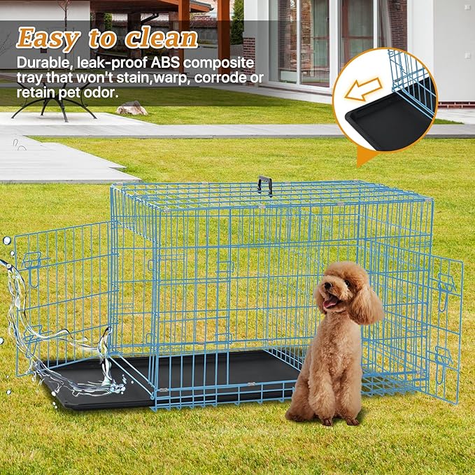 Dog Crate Dog Kennel Cage for Small Dogs, 24" Portable Foldable Indoor Outdoor Large Double Door Wire Metal Puppy Cat Pet Dog Cage with ABS Tray LC & Divider, Blue