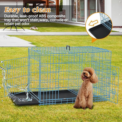 Dog Crate Dog Kennel Cage for Small Dogs, 24" Portable Foldable Indoor Outdoor Large Double Door Wire Metal Puppy Cat Pet Dog Cage with ABS Tray LC & Divider, Blue