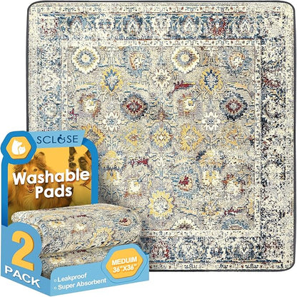 SCLOSE Washable Pee Pad for Dogs 2 Pack, 36" x 36" Reusable Puppy Pads Waterproof Dog Rugs, Super Absorbent, Leakproof, Dog Crate Pad, Playpen Mat, Whelping Pads, Vintage