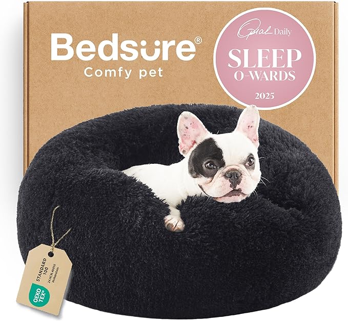 Bedsure Calming Dog Bed for Small Dogs - Donut Washable Small Pet Bed, 23 inches Anti-Slip Round Fluffy Plush Faux Fur Large Cat Bed, Fits up to 25 lbs Pets, Black