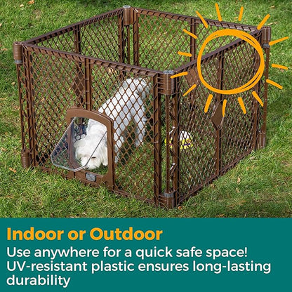 MyPet North States Petyard Passage: 4-Panel Folding Dog Playpen Indoor or Outdoor. 7 sq. ft. Puppy Playpen, Lockable Pet Door. Freestanding Play Pen Dog Gate. Made in USA. 26" Tall, Brown