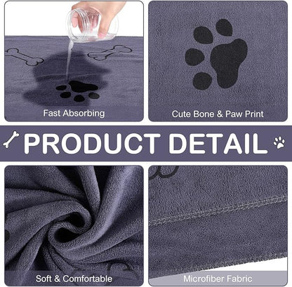 Chumia 8 Pcs Dog Towels for Drying Dogs Cats Pet Towels Bulk Puppy Microfiber Fast Drying Paw Bath Bathing Supplies Absorbent for Medium Pets(18 x 28 Inch,Dog Paw and Bone,Gray)