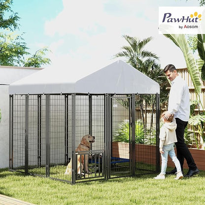 PawHut Outdoor Dog Kennel with Roof, 6' x 6' x 6' Heavy Duty Welded Wire Dog Playpen Enclosure with Escape-Proof Lock, Adjustable Bowls, UV-Resistant & Waterproof Cover, for S&M&L Breeds, Silver