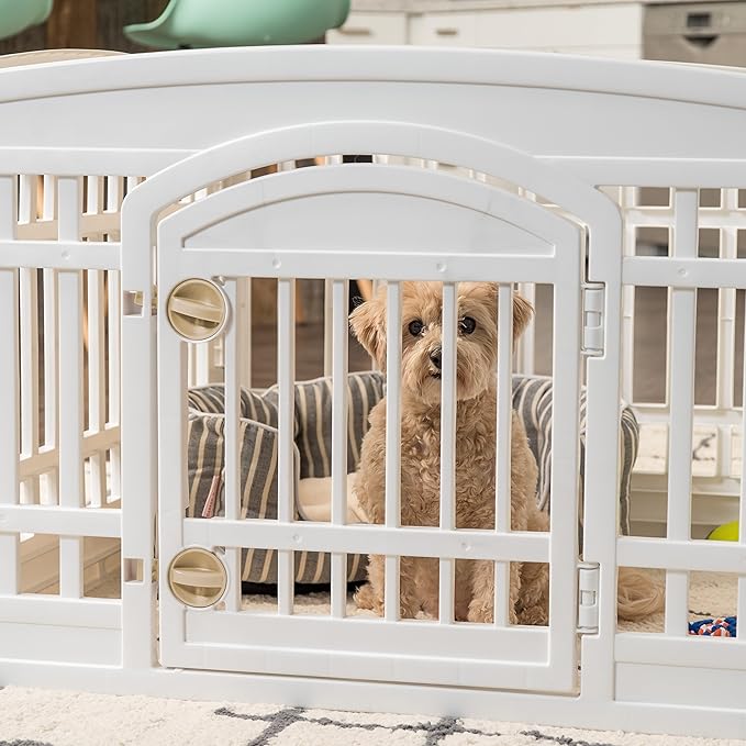 IRIS USA Dog Playpen with Door, 24” 6 Panel Pet Exercise Pen – Indoor Outdoor Puppy Play Pen, Portable Plastic Pet Fence for Small Medium Dogs, Foldable 61” x 61” x 24”, White