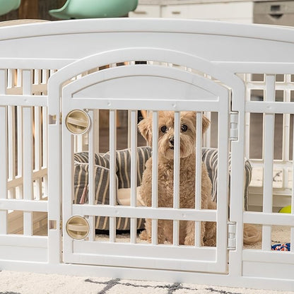 IRIS USA Dog Playpen with Door, 24” 6 Panel Pet Exercise Pen – Indoor Outdoor Puppy Play Pen, Portable Plastic Pet Fence for Small Medium Dogs, Foldable 61” x 61” x 24”, White